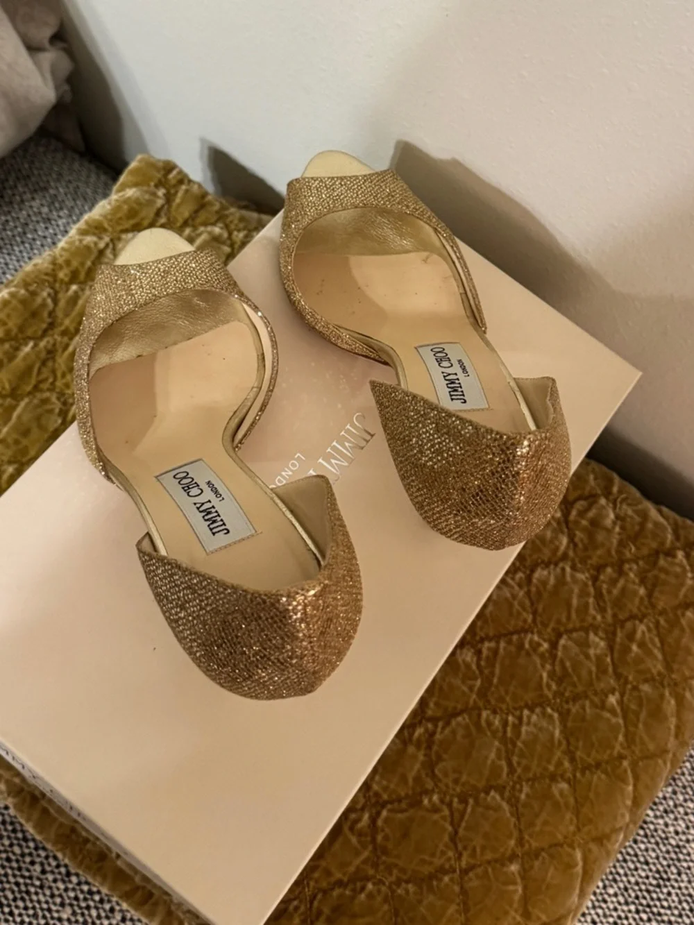 Jimmy Choo Gold Glitter Peep-Toe Heels - Picture 3 of 4
